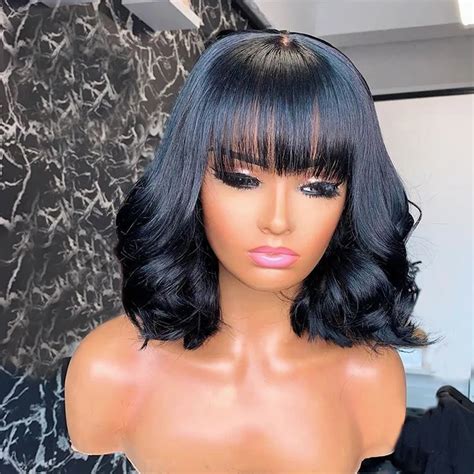 Cuticle Lace Front Bob Human Hair Wigs With Bangs Pre Plucked Brazilian Virgin Hair Wavy Wig 4x4