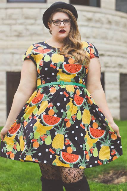 quirky retro feminine style plus size curvy outfit fruit print dress tights socks and