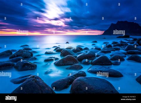 Norway Lofoten Utakleiv Beach At Sunset Stock Photo Alamy