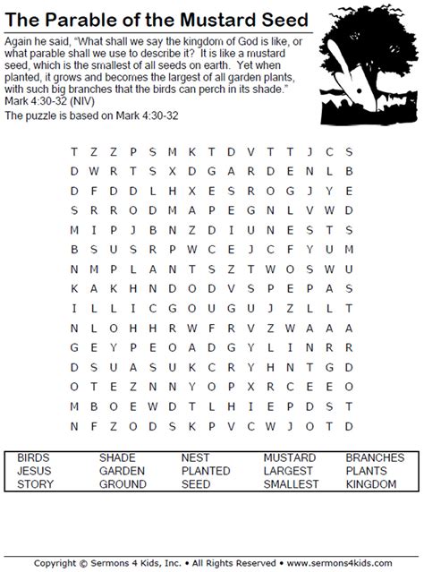 Parable Mustard Seed Word Search Bible Word Searches Sunday School