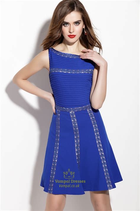 Royal Blue Lace Embroidered Sleeveless Fit And Flare Skater Dress