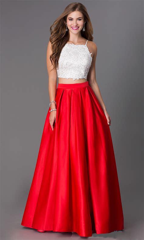 Sexy Red Long 2 Piece Prom Dresses 2016 O Neck Appliques Lace Prom Dress Beaded Evening Dress