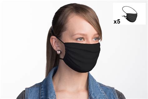 Set Of 5 Black Reusable Barrier Masks 5 X Face Mask Bbs02 2 Layers