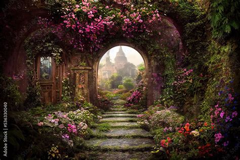 A Beautiful Secret Fairytale Garden With Flower Arches And Colorful
