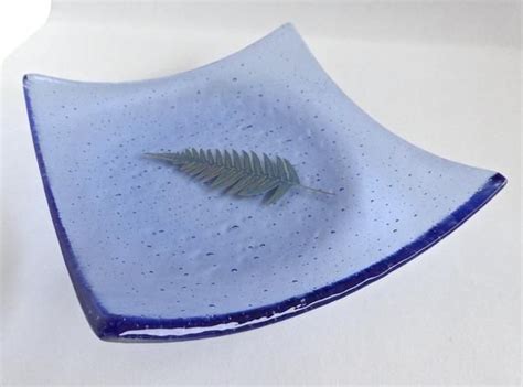 Fused Glass Fern Leaf Plate In Sapphire Blue Leaf Plates Fused Glass Blue Sapphire