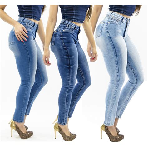 Kit 3 Calças Jeans Feminina Cintura Alta Modela Cintura Lycra Elastano Jeans Cetim Premium