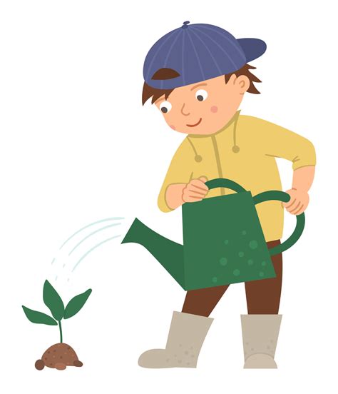 Vector Illustration Of A Boy Watering Plant Isolated On White