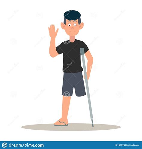 Disable Young Man Happy Smiling Male With One Leg Was Standing Using A