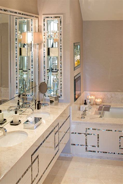 Stunning And Feminine Bathroom Using Mother Of Pearl Inlay To Vanity