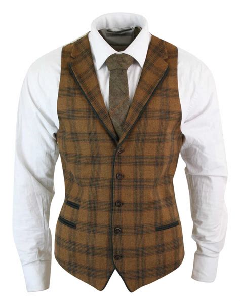 Truclothing Stz16 Mens Waistcoat Wool Tan Brown Check Tweed Classic