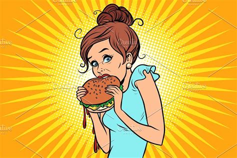 Woman Mouth Eating A Burger Pop Art Illustration Print Retro Vector Illustration