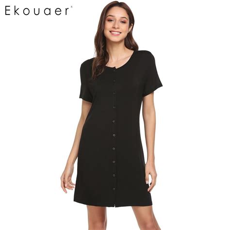 Ekouaer Women Casual Sleepwear Nightdress Button Front Nightgown Short Sleeve Night Dress Solid