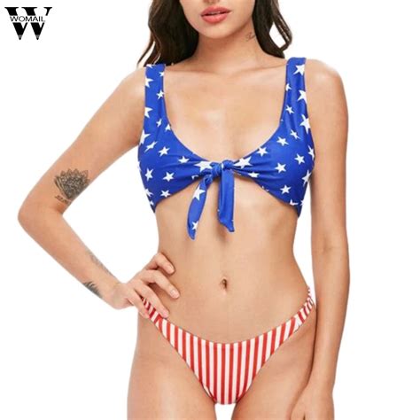 Women Fashion Sexy Swimwear American Flag High Waist Bikini Set Bathing Suit Bra Set Fe7