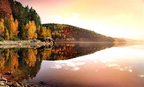 Nature Landscape Autumn Sunset Evening Lake River Reflection