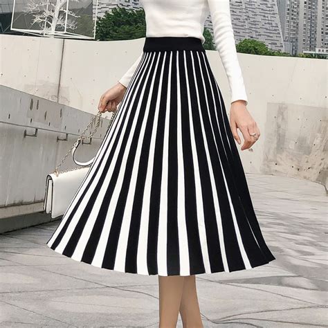 contrast color knitted pleated skirts womens autumn winter knit high waist skirt office lady