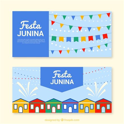 Free Vector Blue Banners With Garlands And Houses For Festa Junina