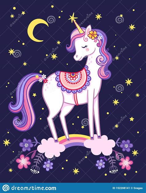 Unicorn Is Standing On A Rainbow On The Background Of The Night Sky