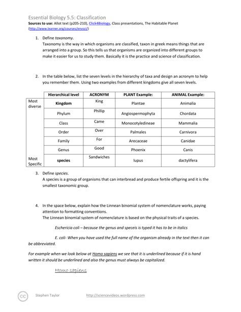 Biological Classification Worksheet Answer Key