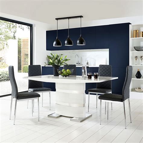 Apollo white high gloss dining table with 4 chairs. Komoro White High Gloss Dining Table with 6 Renzo Grey ...