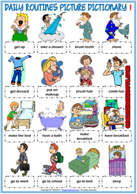 Daily Routines Esl Printable Picture Dictionary For Kids