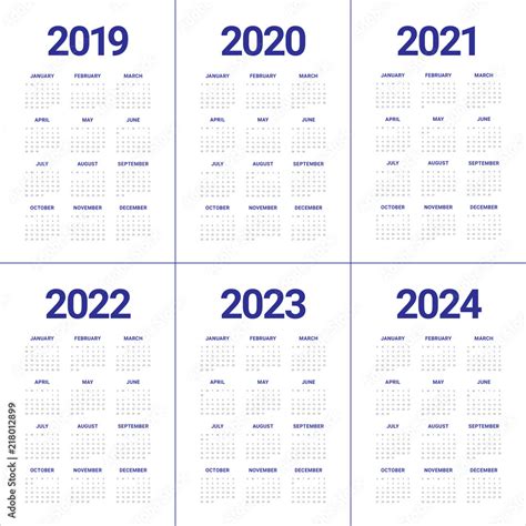 Year 2019 2020 2021 2022 2023 2024 Calendar Vector Design Template