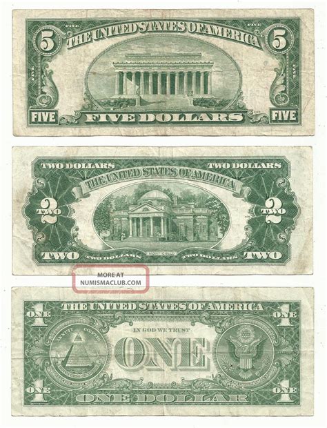 1953 $5 Blue 1953c $2 Red Seal & 1957 $1 Silver Certificate Star Crisp Vf