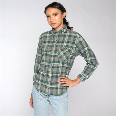 80s Plaid Shirt Flannel Shirt Green Grunge Button Up Shirt 90s