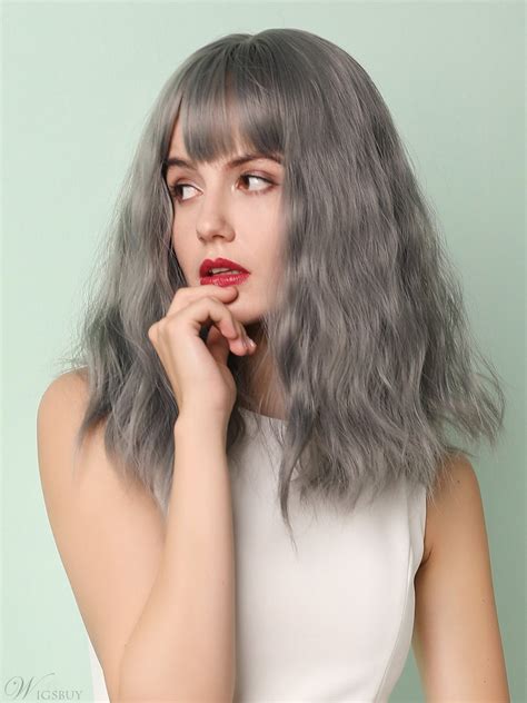 Grey Color Synthetic Hair With Bangs Wavy Women Wig 16 Inches