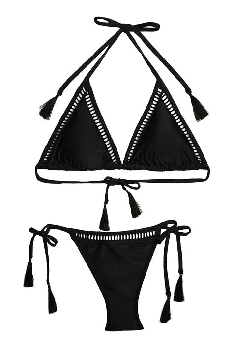 Black Brazilian Bikini With Openwork And Fringed Pompoms Lace Up