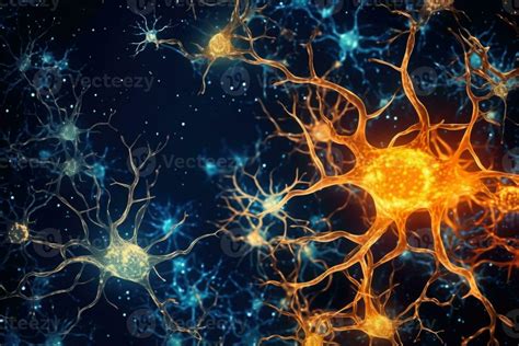 Nerve Cell In Blue And Gold Colors System Neuron Of Brain With