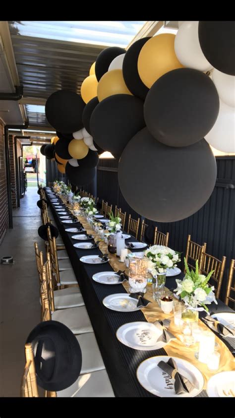 See more ideas about anniversary party games, anniversary parties, party. 50th long table setting! Black, gold and white. | Birthday ...