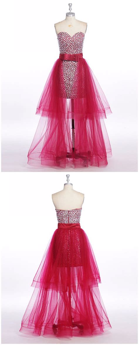 hot pink tulle sweetheart long beaded party dress with removable skirt beaded party dress