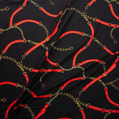 Cali Fabrics Red And Gold Straps And Chains On Black Double Bushed Poly
