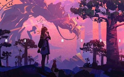 2880x1800 Anime Landscape Dragon Girl Trees Scenic For Macbook Pro