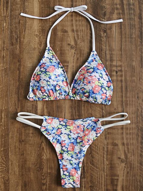 Multicolour Floral Print Cut Out Triangle Bikini Set Swimsuits