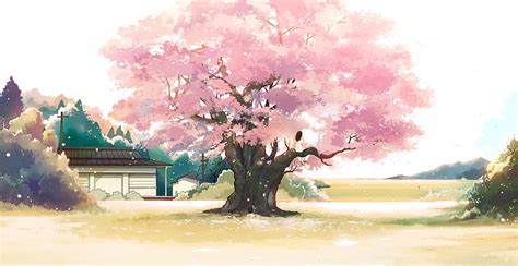 Anime Landscape Girl Cherry Blossom Pink Leaves Tree Scenic Anime
