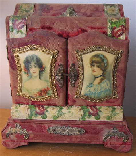 Antique Victorian Travelling Vanity Box Velvet Celluloid Red Roses