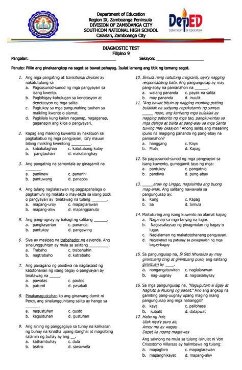 370699005 Panimulang Pagtataya Sa Filipino 9 Department Of Education Region Ix Zamboanga
