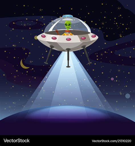 Ufo Poster Flying Saucer Alien Cartoon Style Vector Image