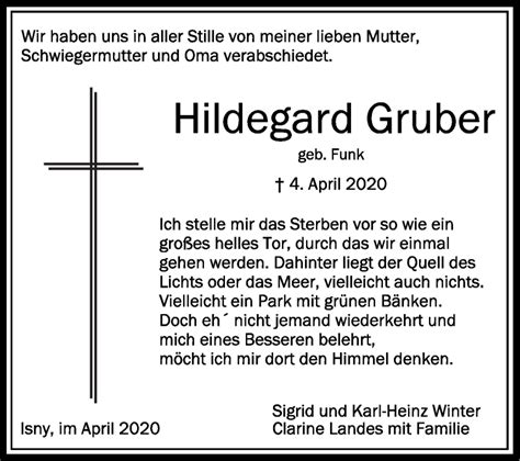 Traueranzeige Von Hildegard Gruber Schwaebische De Trauerportal My