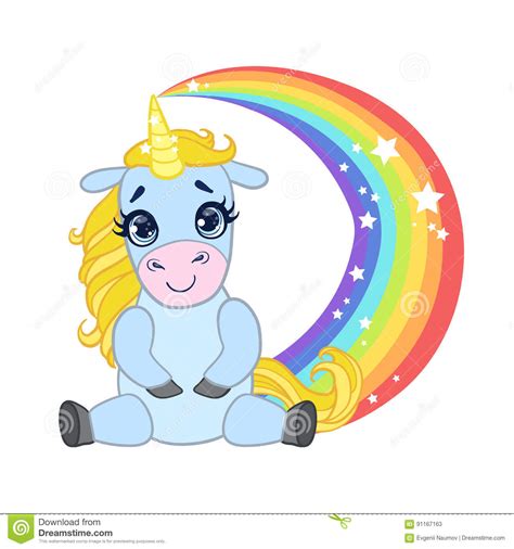Cartoon Light Blue Lovely Unicorn Sitting On A Rainbow Colorful Vector