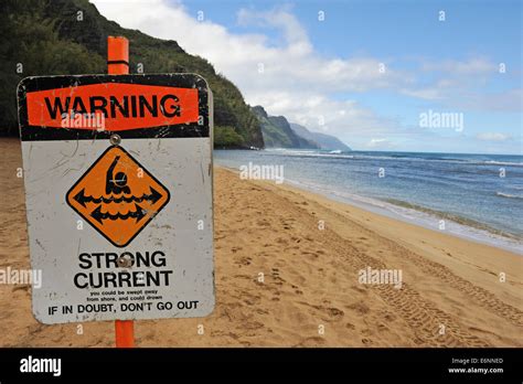 Beach Warning Sign Na Pali Coast Kauai Island Hawaii Islands Usa