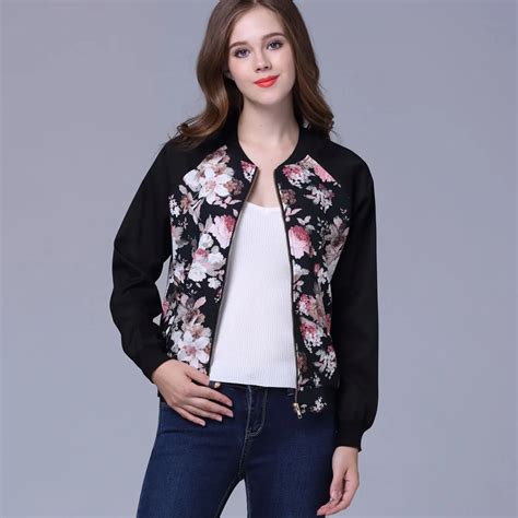 Flower Floral Print Women Basic Jackets Coats Women Long Sleeve Zipper