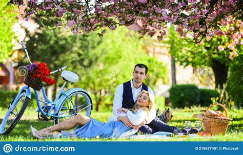 romantic picnic anniversary concept idyllic moment man and woman in love picnic time spring