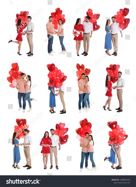 Collage Happy Young Couples Heart Shaped Stock Photo 1698895345