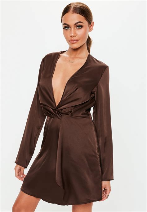 Brown Long Sleeve Satin Twist Mini Dress Missguided Ireland