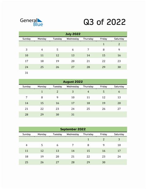 Q3 Quarterly Calendar 2022 In Pdf Word Excel