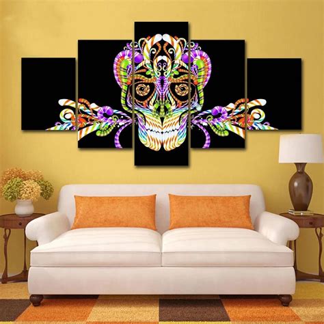 Modern Abstract 5 Panel Skull Print Painting Canvas Wall Art Pictures