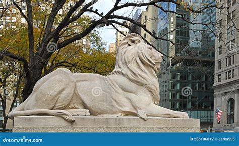 New York Public Library Iconic Lion Fortitude Against Backdrop Of
