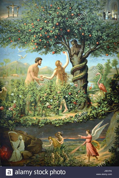 An Image Of People In The Forest With Fruit On Trees And Birds Flying